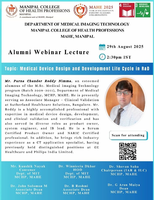 Alumni Webinar Lecture on “Medical Device Design and Development Life Cycle in R&D” by Department of Medical Imaging Technology, MCHP, MAHE, Manipal